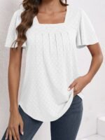 Plus Size Women'S Square Neck Ruffle Sleeve Top - Breathable Eyelet Cut-Out Fabric, Unique Chest Pleat Design, Elegant Fashion For Spring Summer Fall, Formal & Casual Wear, Casual Wear Top | Pleated Detail Top | Stretchy Fabric Top, Ladies T Shirts - Image 10