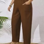 Plus Size - Women'S Plus Size Elegant Solid Color Wide-Leg Pants - Non-Stretch Fabric, All-Season Casual Trousers With Pockets, Brown, Comfortable Footwear, Stylish Accessory, Durable Fabric