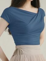 Women'S Elegant Asymmetrical Neckline Ruched Slim Fit Short Sleeve T-Shirt - Solid Color, Medium Stretch, Spring/Summer Casual & Formal Wear, Ladies T Shirts, Summer Outfit, Chic Style, Stretchy Fabric, Fitted Shirt, Summer Wardrobe - Image 6