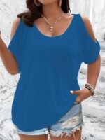 Plus Size Solid Cold Shoulder T-Shirt, Casual Crew Neck Short Sleeve T-Shirt, Women'S Plus Size?Clothing - Image 7