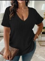 Plus Size V-Neck Casual Elegant Women'S Top - Stretchy Fabric, Machine Washable, All-Season Versatile Blouse For Everyday & Formal Wear, Ribbed Texture, Medium Elasticity - Image 2