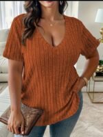 Plus Size V-Neck Casual Elegant Women'S Top - Stretchy Fabric, Machine Washable, All-Season Versatile Blouse For Everyday & Formal Wear, Ribbed Texture, Medium Elasticity - Image 7