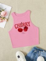 Women'S Elegant Cropped Graphic Tank Top - Cherry Print Semi-Sheer Stretchy, Round Neck Sleeveless Shirt, Machine Washable All-Season Casual Top, Ladies Tank Tops, Playful Summer Wear - Image 10