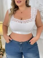1Pc Elegant Lace Trimmed Polyester Knit Fabric Bra, High Stretch Solid Color Wireless Bralette With Contrast Lace Detail, No Padding - Image 2