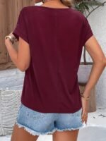 Women'S Batwing Short Sleeve T-Shirt - Lace Contrast Raglan Sleeves, Round Neck Longline Top, Burgundy & White Elegant Design, Machine Washable All-Season Casual Wear, Vacation Clothing, Nontransparent Fabric - Image 7