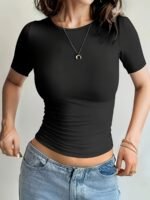 Women'S Pink Short Sleeve T-Shirt - "I Am Not A Stranger" Graphic, Crop Top With Ruched Detail, Casual Summer Tee, Casual Summer Wear | Ruched Detail Top | Comfortable Fit, Ladies T Shirts - Image 9