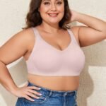 Single Pack Plus Size Seamless V-Neck Bralette, Sexy Style, Polyamide Knit Fabric With Medium Stretch, Solid Color, Wireless, Comfortable Breathable, With Removable Padding
