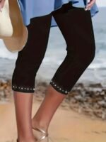 Plus Size Rhinestone Decor Capri Leggings, Casual High Waist Stretchy Leggings For Spring & Summer, Women'S Plus Size Clothing - Image 5