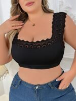 1Pc Elegant Lace Trimmed Polyester Knit Fabric Bra, High Stretch Solid Color Wireless Bralette With Contrast Lace Detail, No Padding - Image 9