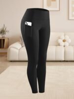 Women'S Plus Size High Waist Tummy Control Leggings With Side Pockets, 88% Polyester 12% Elastane, Knit Fabric, Stretchy Cropped Yoga Pants For Running & Fitness, All Season Solid Color Athletic Skinny Pants - Image 8
