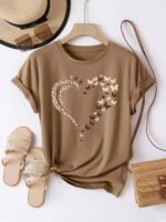 Casual Crew Neck Short Sleeve T-Shirt, Women'S Polyester Basic Round Neck Pullover, Heart Butterfly Pattern, With Slight Stretch, Regular Length And H Fit - Image 8