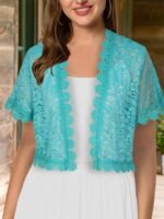 Women'S Elegant Yellow Lace Short Sleeve Cardigan - Sheer V-Neck, Short Length, All-Season Wear, Perfect For Formal Events And Casual Attire, Formal Attire|Elegant Lace Design|Sheer Fabric, Lace Coverup - Image 3