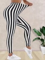Women'S High Waist Striped Polyester Spandex Leggings, Casual Stretchy Cropped Skinny Pants, Knit Fabric, For All-Season Comfort, Weekend Casual Wear - Image 10