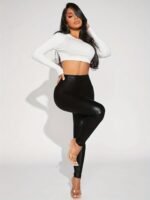 Women'S Fashion Layered Slim-Fit Pants - Solid Black Stretchy Mid-Stretch Tummy Control Leggings For All-Season Wear, Casual & Formal Outfits, High Waist Pants, Versatile Outfit Leggings, Sleek Fitted Leggings, Medium Elasticity Leggings - Image 3