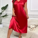 Women'S Plus Size Elegant Red Satin Nightgown With Lace Trim And Bow Detail - V-Neck, Short Sleeve, Flowing Design, Machine Washable - Perfect For Weddings Or Special Occasions, Satin Dress