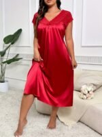 Women'S Plus Size Elegant Red Satin Nightgown With Lace Trim And Bow Detail - V-Neck, Short Sleeve, Flowing Design, Machine Washable - Perfect For Weddings Or Special Occasions, Satin Dress