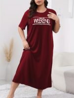 Women'S Plus Casual Lounge Dress, Plus Size Slogan Print Short Sleeve Round Neck Sleep Dress - Image 4