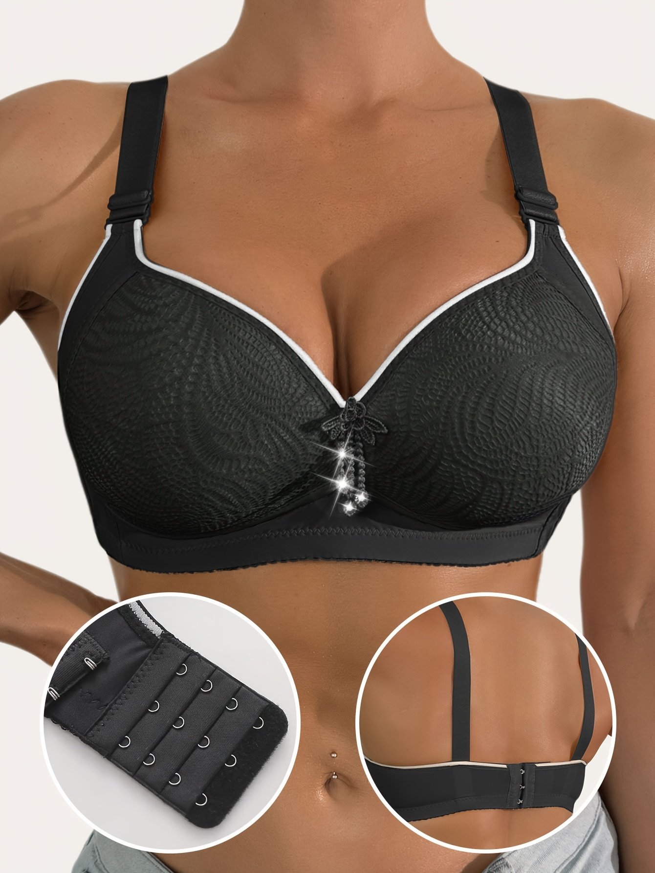 product-fancy-220273af-32d9-4644-aa48-c18375a2f566.jpg Women'S Wireless Sports Bra - Lift Support, Adjustable Straps, Contrast Trim, Comfortable Casual Attire, Black With White Accents, Non-Removable Pads, Elegant Design For Lifestyles, Sports Lingerie | Contrasting Trim Design | Smooth Texture Fabric - Image 1