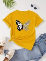 Women'S Casual Butterfly & Daisy Floral Print Round Neck T-Shirt - Olive Green, Machine Washable, Regular Fit For Casual Attire, Allseason Fashion, Relaxed Style, Nontransparent Fabric - Image 7