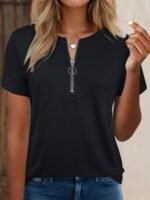 Women'S Elegant V-Neck Short Sleeve T-Shirt With Zipper Detail - High Stretch, All-Over Print, Short Sleeve Tee For Spring/Summer/Fall - Image 10