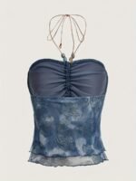 Women'S Bohemian Tie-Dye Mermaid Halter Top With Floral Print & Ruched Bust Detail - Stretchy Machine-Washable Shoulder/One-Shoulder Blouse For Beach Parties & Casual Outings, Mermaid Gifts, Allseason Clothing, Decorative Beading - Image 4