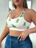 2Pcs Plus Size Wire-Free S Bras With Cute Dinosaur Print & Cut-Out Details - 95% Polyester 5% Elastane Medium Support Breathable For Workouts & Casual Wear - Image 2