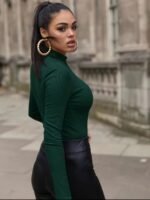 Slim Mock Neck Plain Color T-Shirt, Casual Long Sleeve Top For Spring & Fall, Women'S Clothing - Image 9