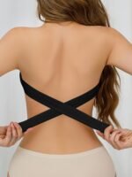 Wireless Bandeau Bralette With Side Closure, Sexy Strapless Nylon Knit Fabric - Removable Padding, Cross Strap Detail, Solid Color Stretch Bandeau For Adults - Nylon 75%, Elastane 25% - Image 6