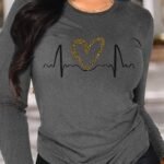 Heart Print T-Shirt, Long Sleeve Crew Neck Casual Top For Spring & Fall, Women'S Clothing