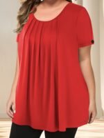 Women'S Casual Crew Neck Short Sleeve Blouse, Solid Color Plus Size, Lightweight Polyester With Subtle Stretch, Flared Hem, Spring/Summer Fashion Top, Casual Wear Blouse | Elegant Plus Size | Simple Eleganc - Image 5