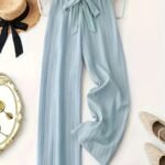Plus Size - Women'S Elegant Textured Wide-Leg Pants With Bow Detail - Light Blue Solid Color, Loose Fit Straight-Leg Trousers For Spring, Summer & Fall, Versatile Casual To Formal Wear, Seasonal Fashion, Nonstretch Fabric