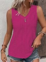 Women'S Plus Size Sleeveless Black Top With Fake Buttons - Casual V-Neck, Stretchy Fabric For Spring & Summer, Weekend Casual Wear, Casual Wear Top|Vneck Top|Stretchy Fabric - Image 4
