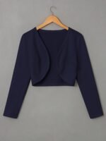 Solid Color Open Front Crop Jacket, Versatile Long Sleeve Outwear For Spring & Fall, Women'S Clothing