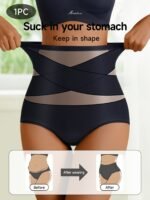 1Pc Women'S High-Waist Shapewear Panties, Comfortable Skin-Friendly Breathable, Elegant Style, No Padding, Cross Strap Detail, Medium Support, Knit Fabric, Solid Color, Nylon Material, Triangle Underwear - Image 7