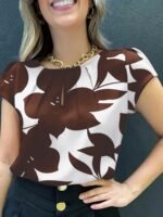 Women'S Elegant Casual Short Sleeve Blouse - Black & White Abstract Leaf Print, Loose Fit Round Neck, Chest Ruching, Semi-Sheer Summer Top, Machine Washable, Everyday Sophisticated Wear, Delicate Fabric Shirt, Fitted Waist Accentuate Figure - Image 7