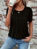 Women'S Elegant Summer Casual Short Sleeve T-Shirt - Solid Color Round Neck Blouse With Ruching Detail, Machine Washable Regular Fit Top For Casual Attire, Short Sleeve Blouse, Soft Fabric Tee - Image 3