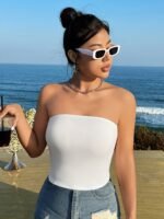 Women'S Summer Casual Strapless Solid Color Crop Top - Image 4