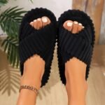 Cozy Women'S Fashion Indoor Slippers - Plush Gray Fabric With Cross Strap, Open-Toe Design, Non-Slip Eva Sole For Warmth And Comfort, Ideal For Home Use, House Slippers - Image 5