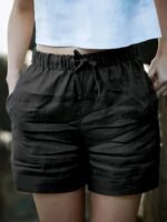 Women'S High-Waisted Blend Casual Shorts, Solid Color, Non-Stretch Fabric, Spring Summer Autumn, Wide Waistband And Slant Pocket, Linen Texture - Image 6