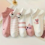 5 Pairs Women'S Cute Cartoon Cat Print Ankle Socks - Breathable Fabric, Assorted Patterns (Stripes, Polka Dots, Hearts) In Pink, White & Beige, Perfect For Casual Attire, Cute Socks