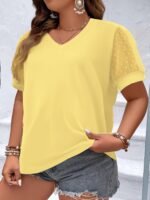 Plus Size Mesh Stitching T-Shirt, Casual V Neck Short Sleeve T-Shirt, Women'S Plus Size?Clothing - Image 5