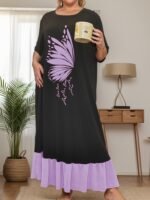Cozy Plus Size Women'S Sleep Dress - Vintage Butterfly Print, Short Sleeve & Long Skirt Lounge Robe, Machine Washable, Autumn Winter, Home Wear - Image 7