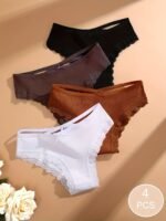 4Pcs Women'S Lingerie Briefs With Lace Trim - Sexy Ribbed Design, Solid Colors (White, Pink, Gray, Black), Soft & Comfortable Underwear For Casual Attire, Lingerie Sets, Comfortable Underwear, Elegant Underwear, Soft Fabric Underwear - Image 5