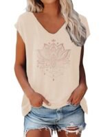 Lotus Print V-Neck T-Shirt, Casual Cap Sleeve T-Shirt For Spring & Summer, Women'S Clothing - Image 5
