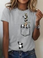Women'S Casual Elegant Panda Print Crew Neck T-Shirt - Short Sleeve Bamboo Graphic Tee, Soft Breathable Fabric, Machine Washable, Spring Summer Top, Panda Gifts, Casual Attire Shirt, Durable Print Shirt