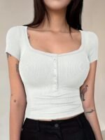 Solid Color Scoop Neck T-Shirt, Elegant Short Sleeve Slim Fit Top For Spring & Summer, Women'S Clothing - Image 3
