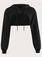 Solid Dipped Hem Drawstring Hoodie, Casual Long Sleeve Crop Sweatshirt, Women'S Clothing - Image 2