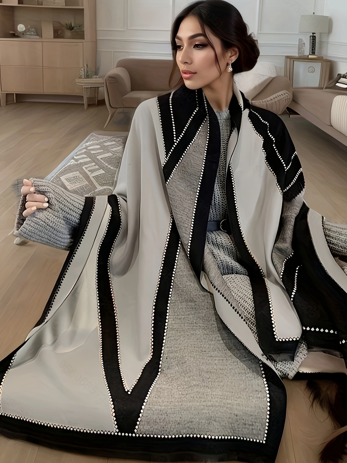 product-fancy-26a0cdcd-0aee-4c95-be47-08b3ce1d1133.jpg Plus Size - Plus Size Geometric Pattern Large Scarf, Soft Cozy Color Block Shawl For Fall & Winter, Women&Apos;S Plus Size Clothing - Image 1