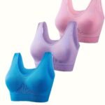 3Pcs Women'S Plus Size No Underwire No Padding S Bras - Single-Layer Backless Design, Medium Support Seamless Bras For Running Workouts, Pastel Pink Lavender Blue, Essential, Backless Vest Style, Medium Elasticity