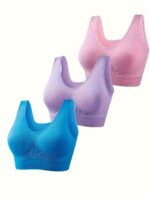 3Pcs Women'S Plus Size No Underwire No Padding S Bras - Single-Layer Backless Design, Medium Support Seamless Bras For Running Workouts, Pastel Pink Lavender Blue, Essential, Backless Vest Style, Medium Elasticity